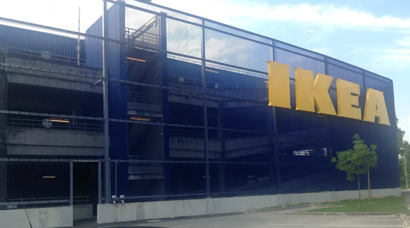 Car park cladding for a well-known Swedish brand using grating tinted in the specified RAL colour to match its brand identity