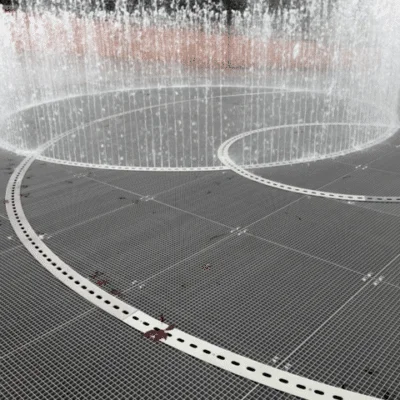 project reference water feature with metal grating surface