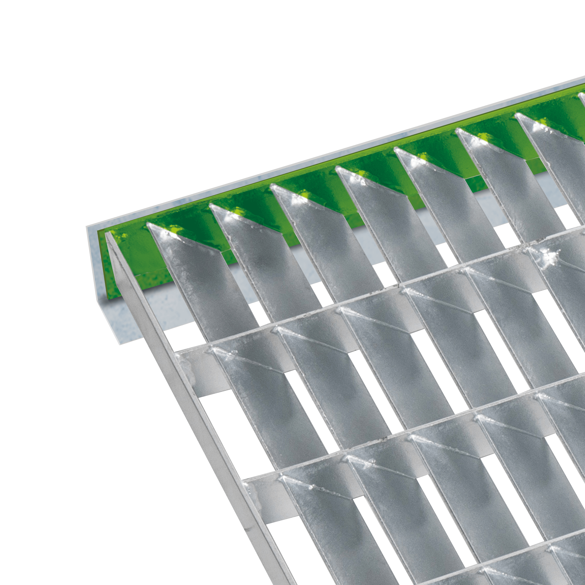 schéma d'un caillebotis à lames inclinées avec finition réhausse