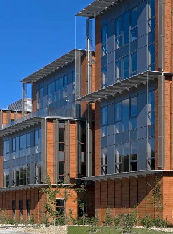 Le caillebotis apporte une signature visuelle distinctive à cet ensemble urbain