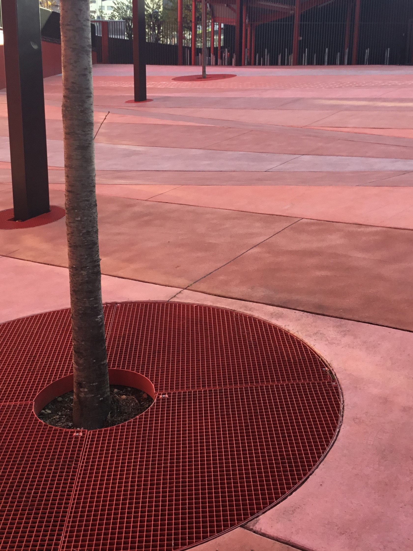 Grille d’arbres en caillebotis pressé avec forme de découpe et thermolaquage rouge sur le parvis rénové d’une commune